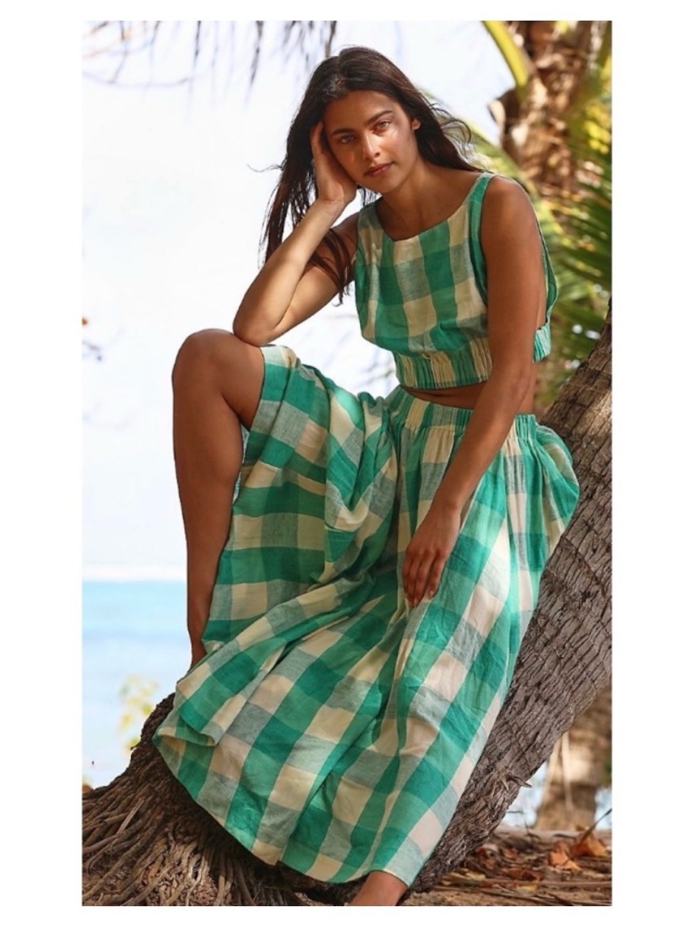 Free People Gabrielle Set S Green and Cream Gingham Cotton